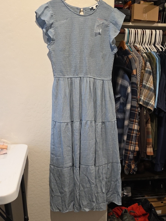 August Sky Dresses & Skirts - Light Blue Tiered Maxi Dress with Flutter Sleeves